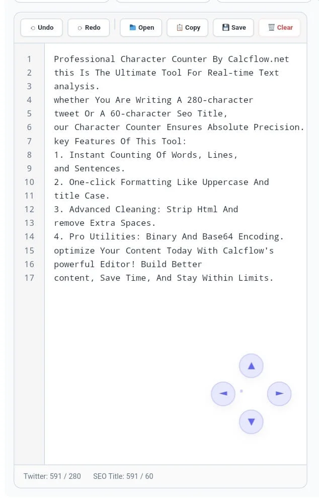 Professional text editor with line numbers and glass scroll buttons