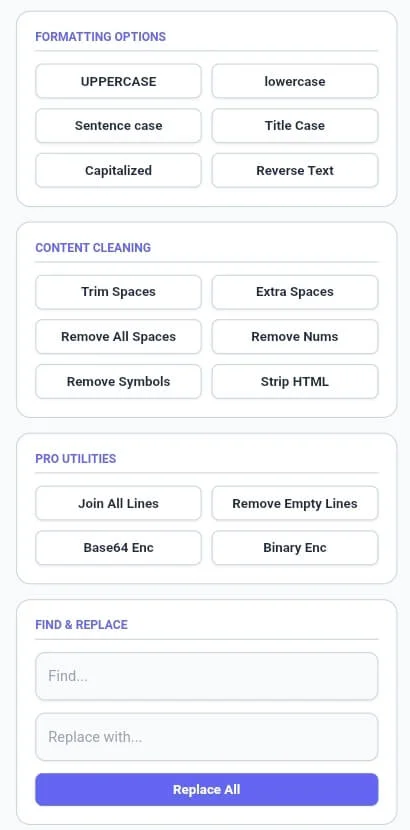 Text formatting cleaning and pro utility sidebar options.