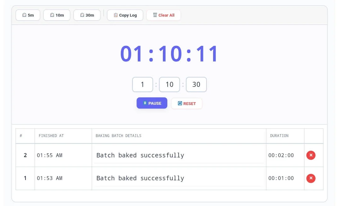 CalcFlow Online Cooking Timer and Batch Tracker interface