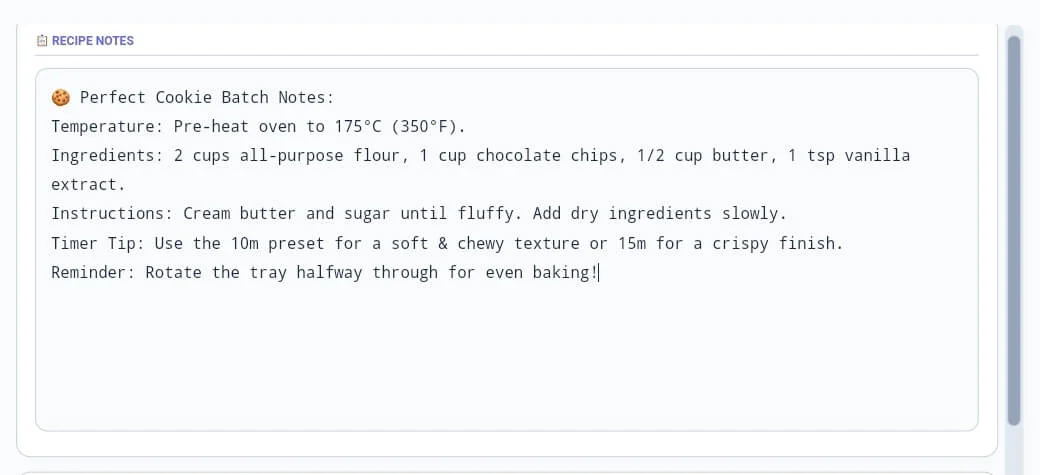 Cooking timer with recipe notes and baking instructions
