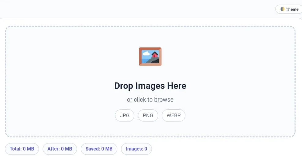 Close-up of the drop zone and real-time stats in the image compressor.