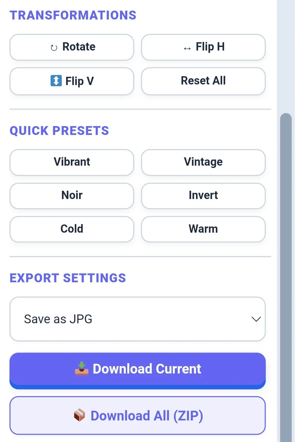 Photo filter presets and color adjustment sliders in CalcFlow