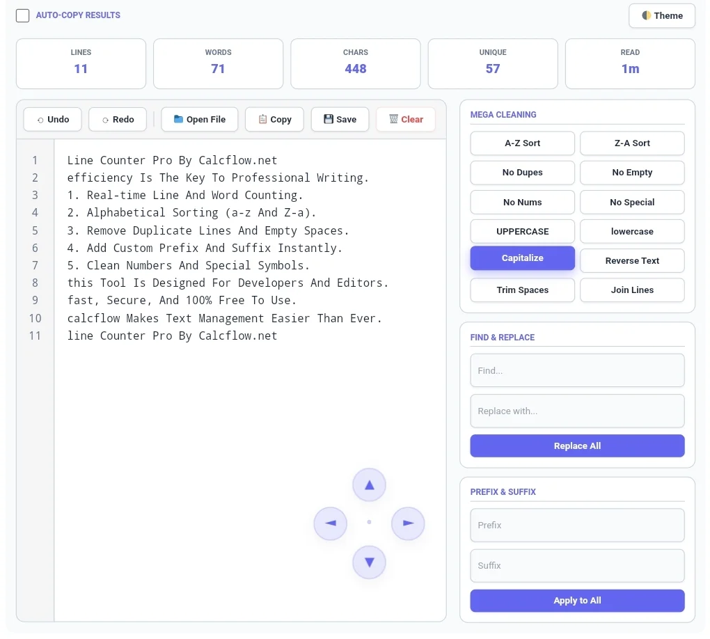 CalcFlow Online Line Counter and Text Sorting Interface