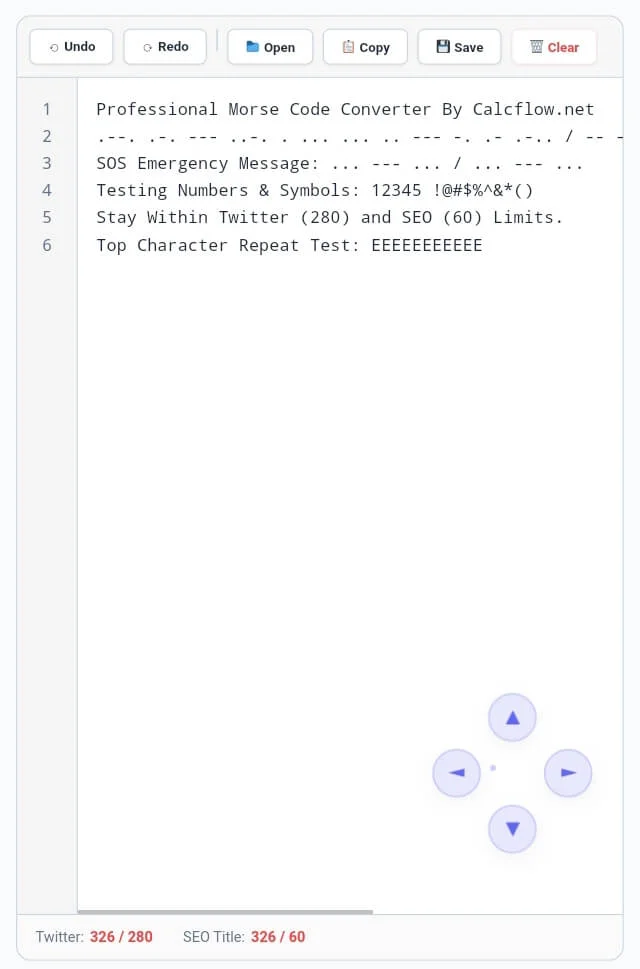 Morse Code Converter editor with line numbers and 4-way glass scroll buttons.