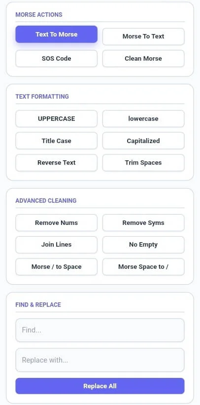 Sidebar modules of Morse Code Converter showing translation and cleaning tools.