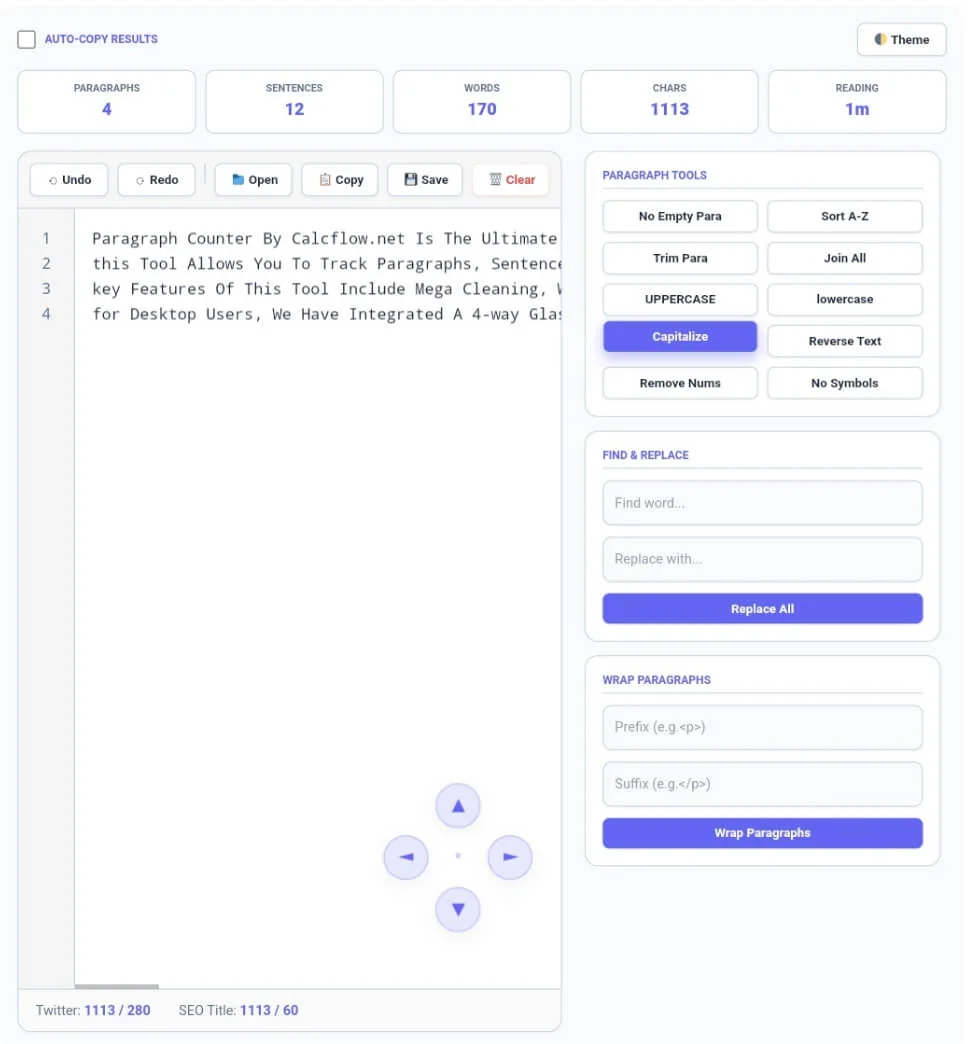 Alt Text: CalcFlow Online Paragraph Counter Tool Interface