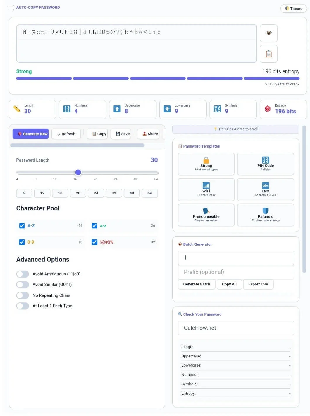 CalcFlow Online Password Generator dashboard with strength meter