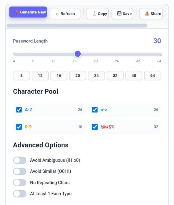 Custom password length slider and character pool settings