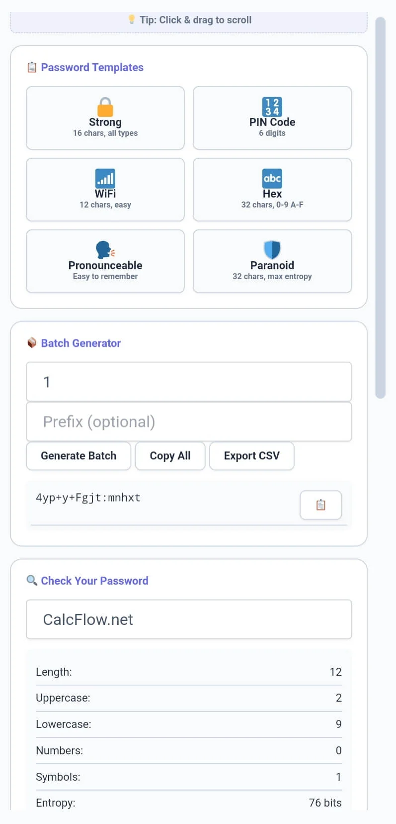 Password generator templates and batch actions sidebar