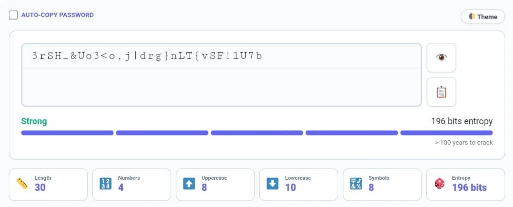 Secure password strength indicator and entropy bits analysis