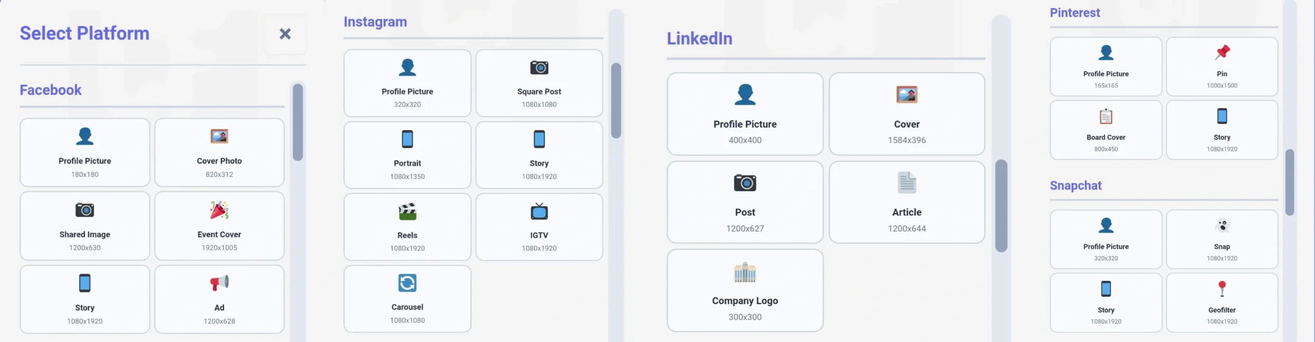 Presets for Instagram LinkedIn and Pinterest post categories