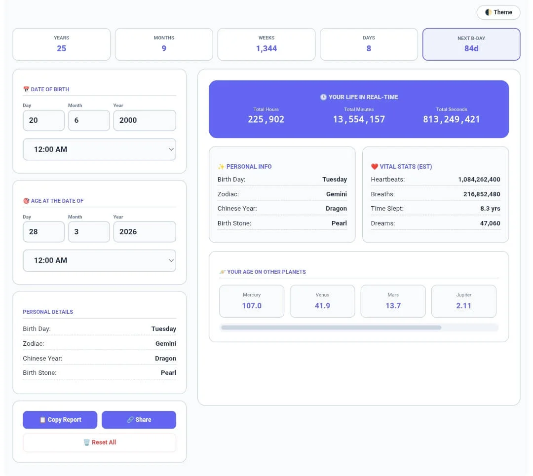 Age Calculator tool showing complete age analysis with years, months, weeks, days, and next birthday countdown