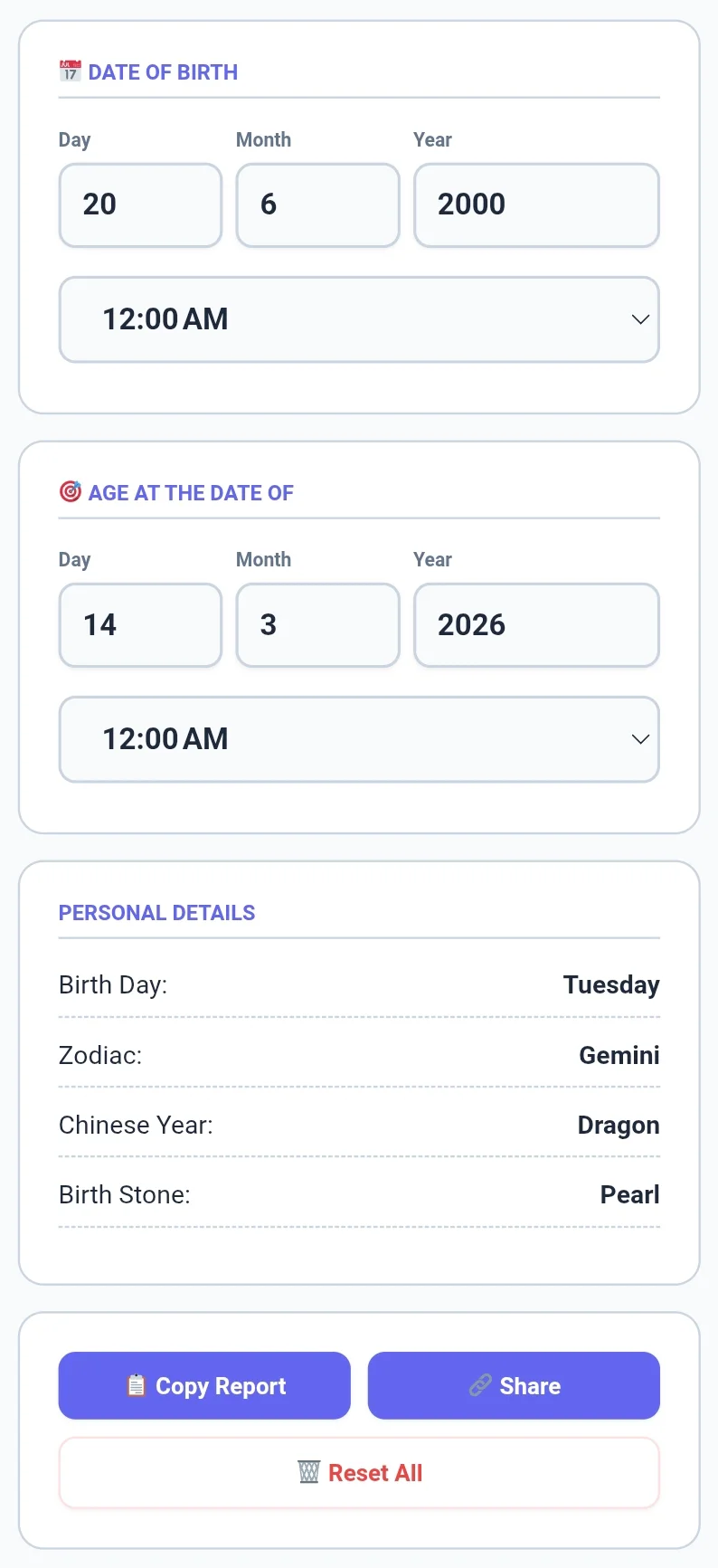 Date of birth input and personal zodiac details in the age calculator.