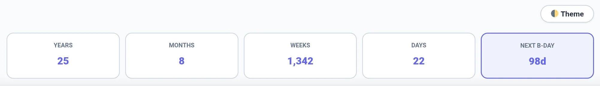 Real-time stats grid in the age calculator showing years, months, and days.