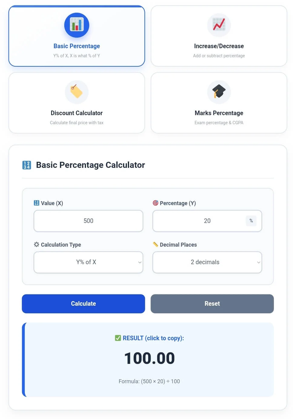 Basic Percentage Calculator showing Y% of X calculation with value 500 and 20% giving result 100.00