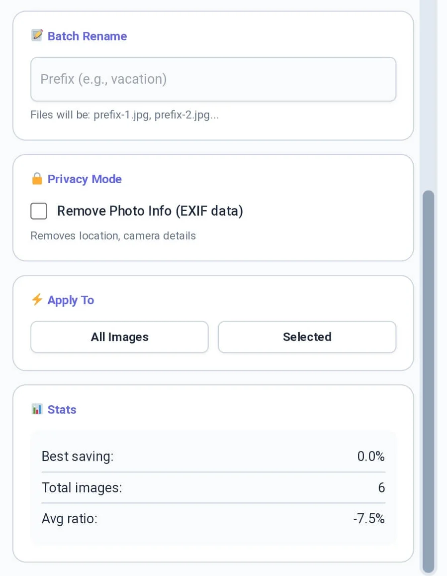 Batch rename and privacy EXIF removal modules in the webp to jpg tool.