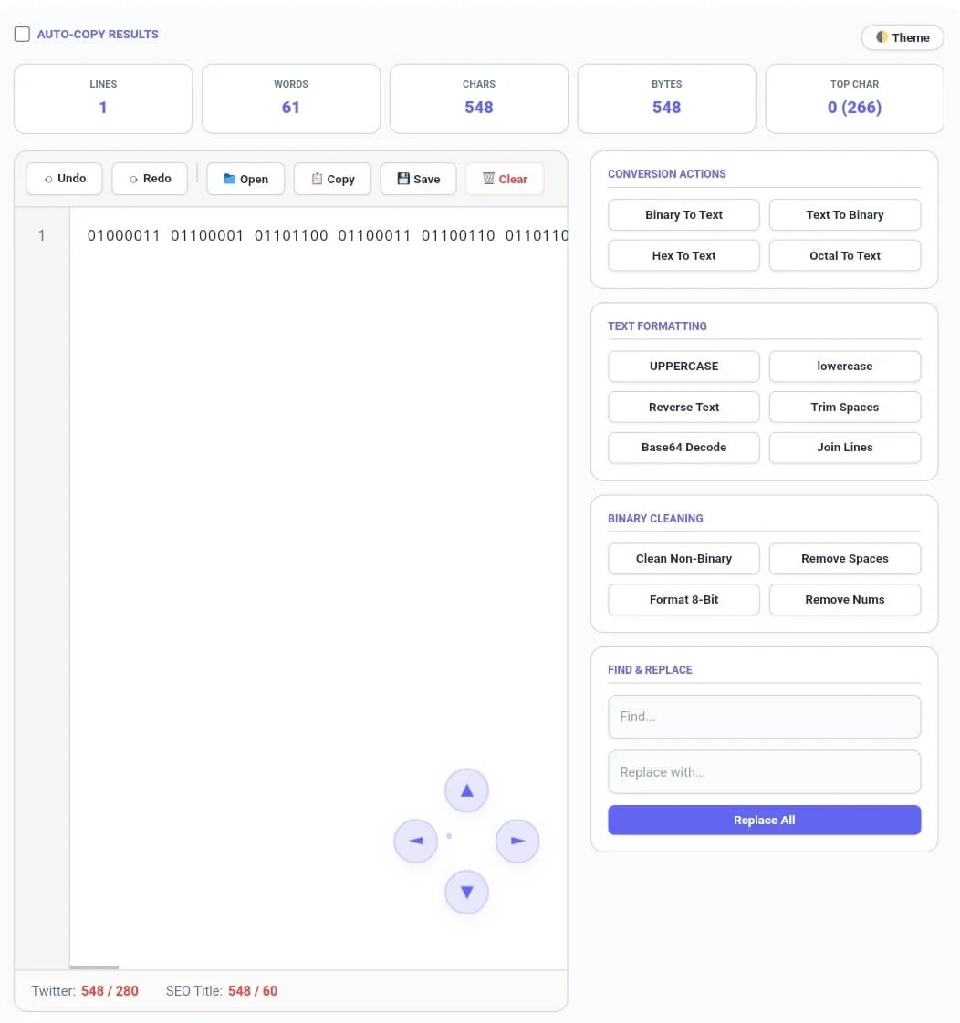 Binary to Text tool showing binary code decoding with lines, words, characters, bytes, and top character statistics
