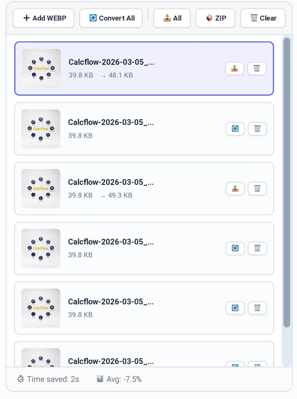 Batch processing results in our webp to jpg converter showing 6 optimized files.