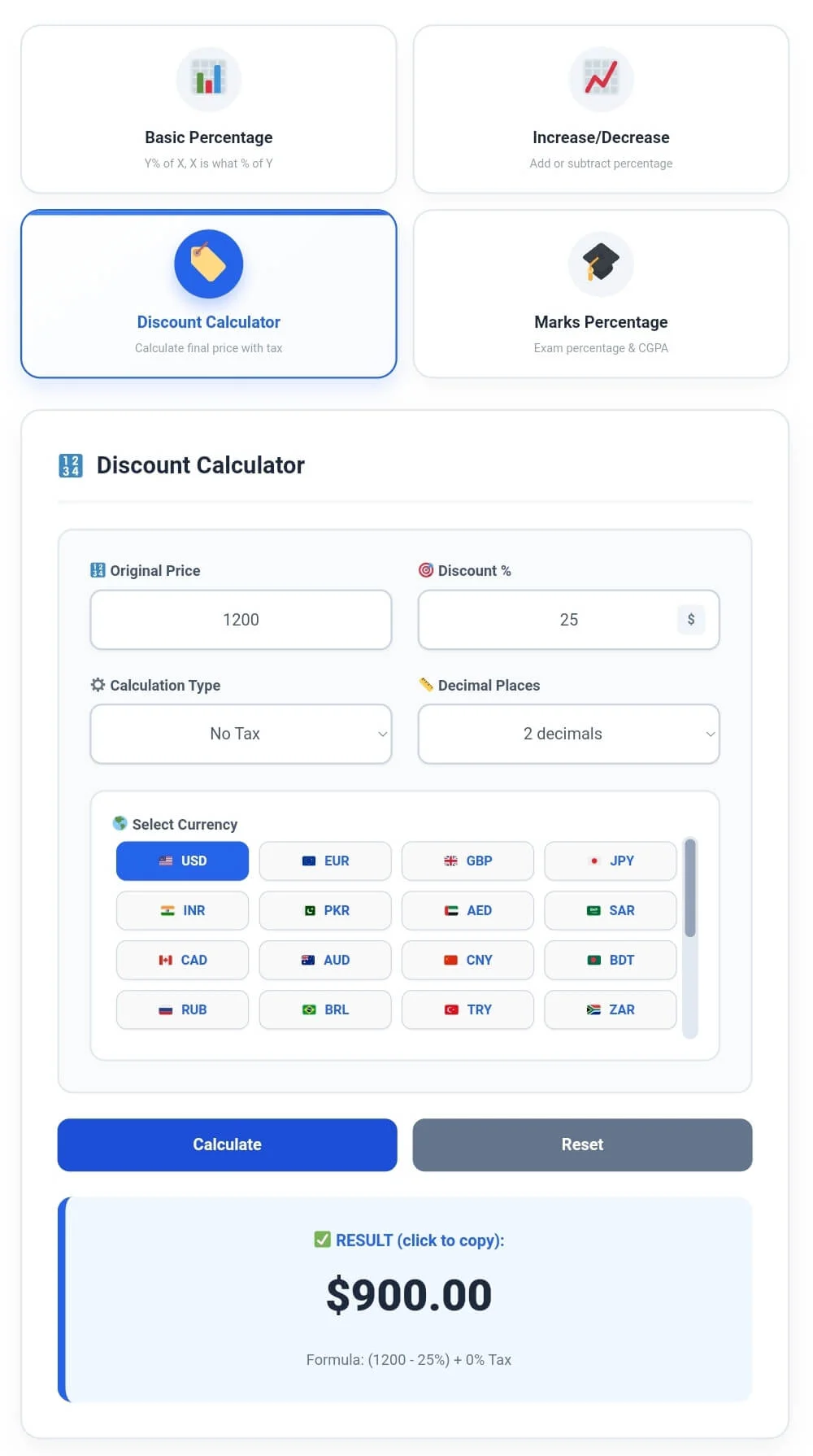 Discount Calculator showing original price $1200 with 25% discount resulting in $900, with currency selection options