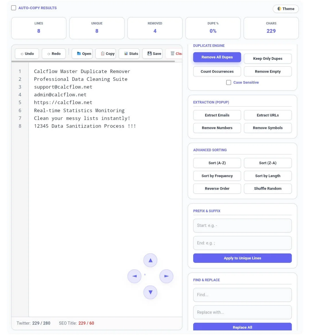 Duplicate Remover tool showing duplicate removal statistics with total lines, unique lines, removed count, duplicate percentage, and character count