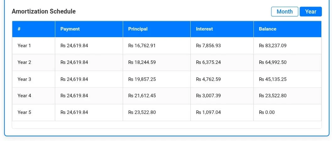 Amortization schedule table showing yearly breakdown with principal paid, interest paid, and remaining balance for 5-year loan term