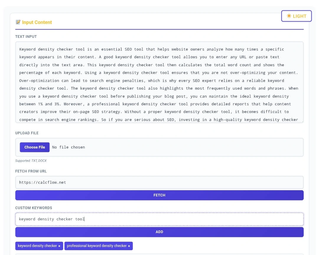 Keyword Density Checker tool showing analysis results with 209 words, 1288 characters, 117 unique words, 11 sentences, and SEO score Good with 10.37% keyword density warning