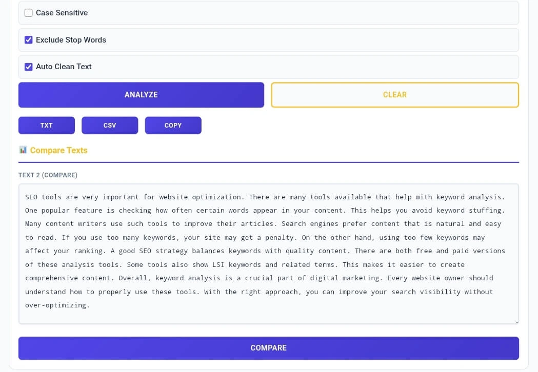 Keyword Density Checker text comparison feature showing similarity percentage between two texts with analyze results