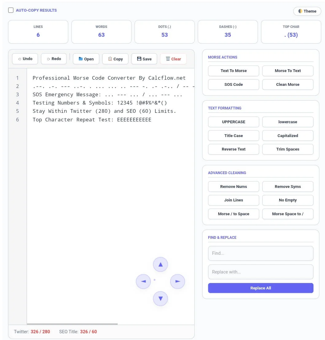 Text to Morse Code Converter tool showing interface with Morse code conversion and SOS code generation