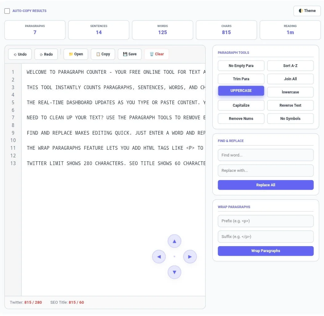 Paragraph Counter tool interface showing text analysis with 7 paragraphs, 14 sentences, 125 words, and 815 characters