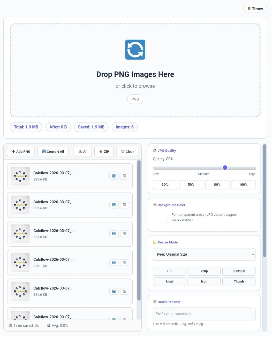 Professional PNG to JPG converter initial dashboard on CalcFlow.net.