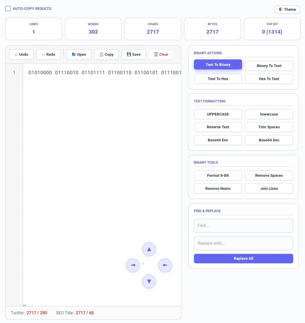 Text to Binary Converter tool showing binary conversion statistics with lines, words, characters, bytes, and top bit analysis