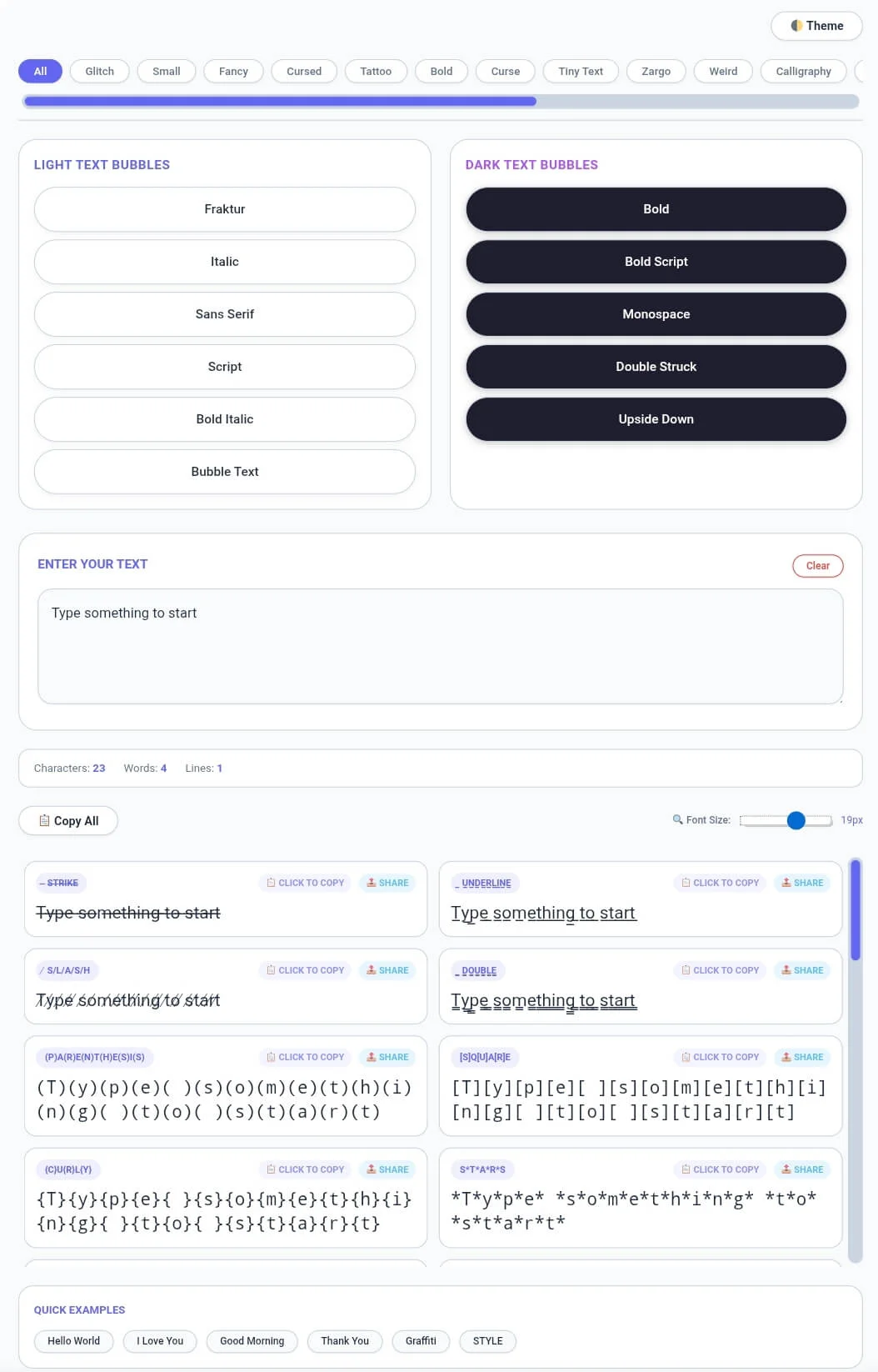 Tiny Text Generator tool interface showing text styles including bubble letters, fraktur, script, bold, italic, and upside down text
