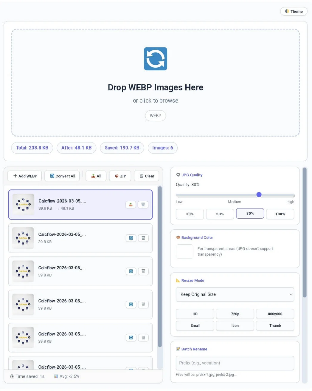 Professional webp to jpg dashboard on Calcflow.net with a secure drop zone.