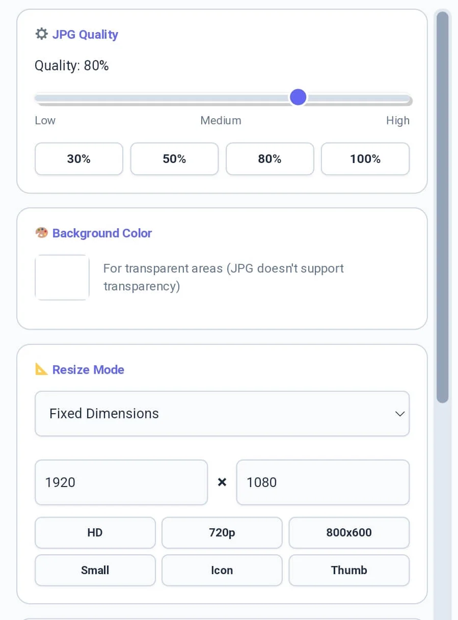 Quality slider and background color selection in the webp to jpg sidebar.