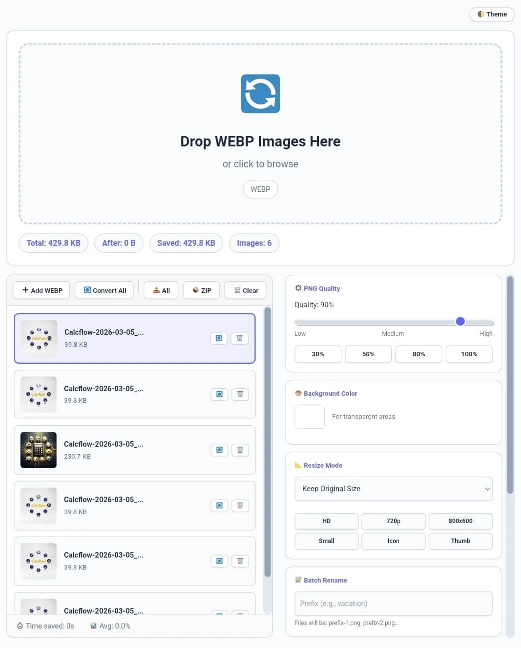 Professional webp to png dashboard featuring the initial "Drop WEBP Images Here" zone.