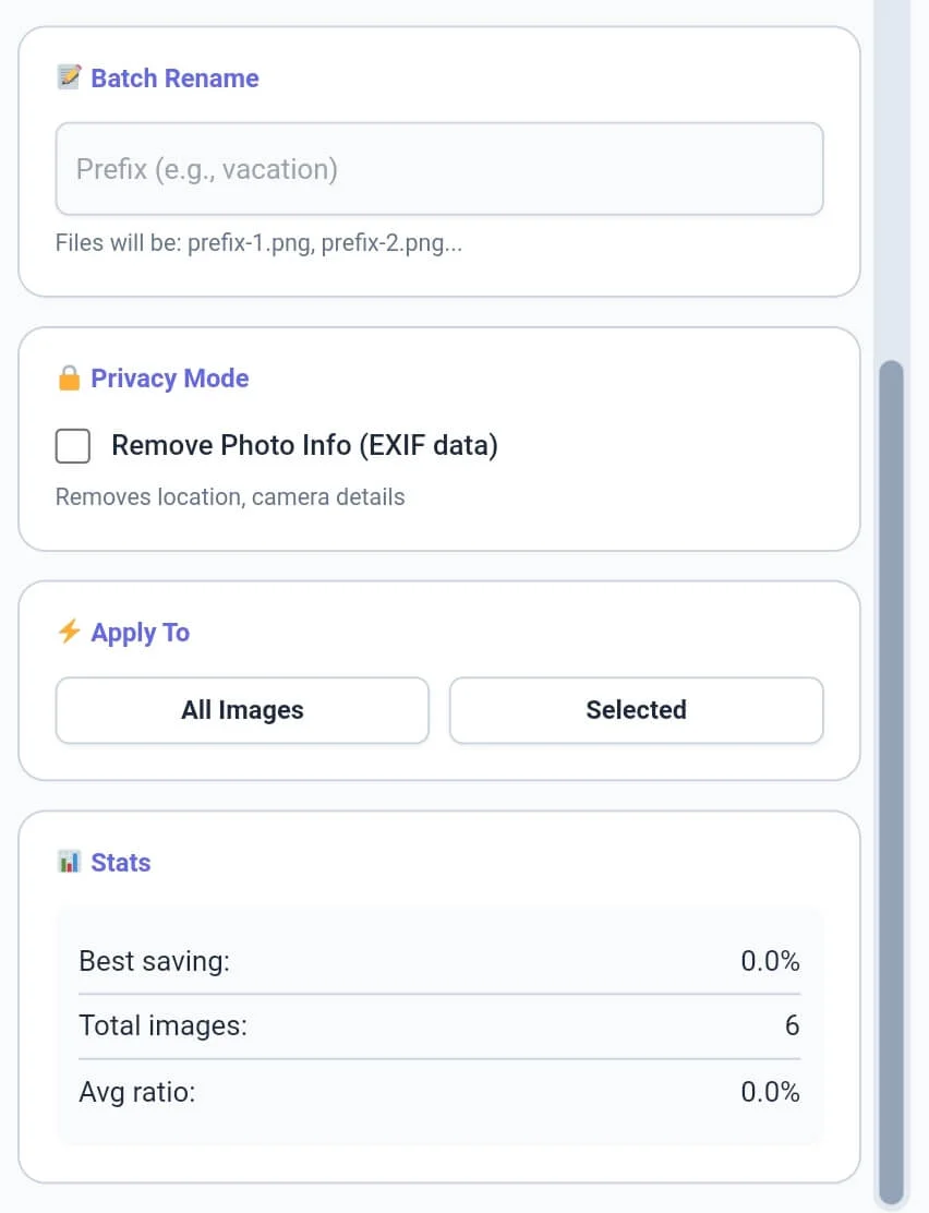 Bottom gallery strip showing thumbnails of selected images in the webp to png tool.