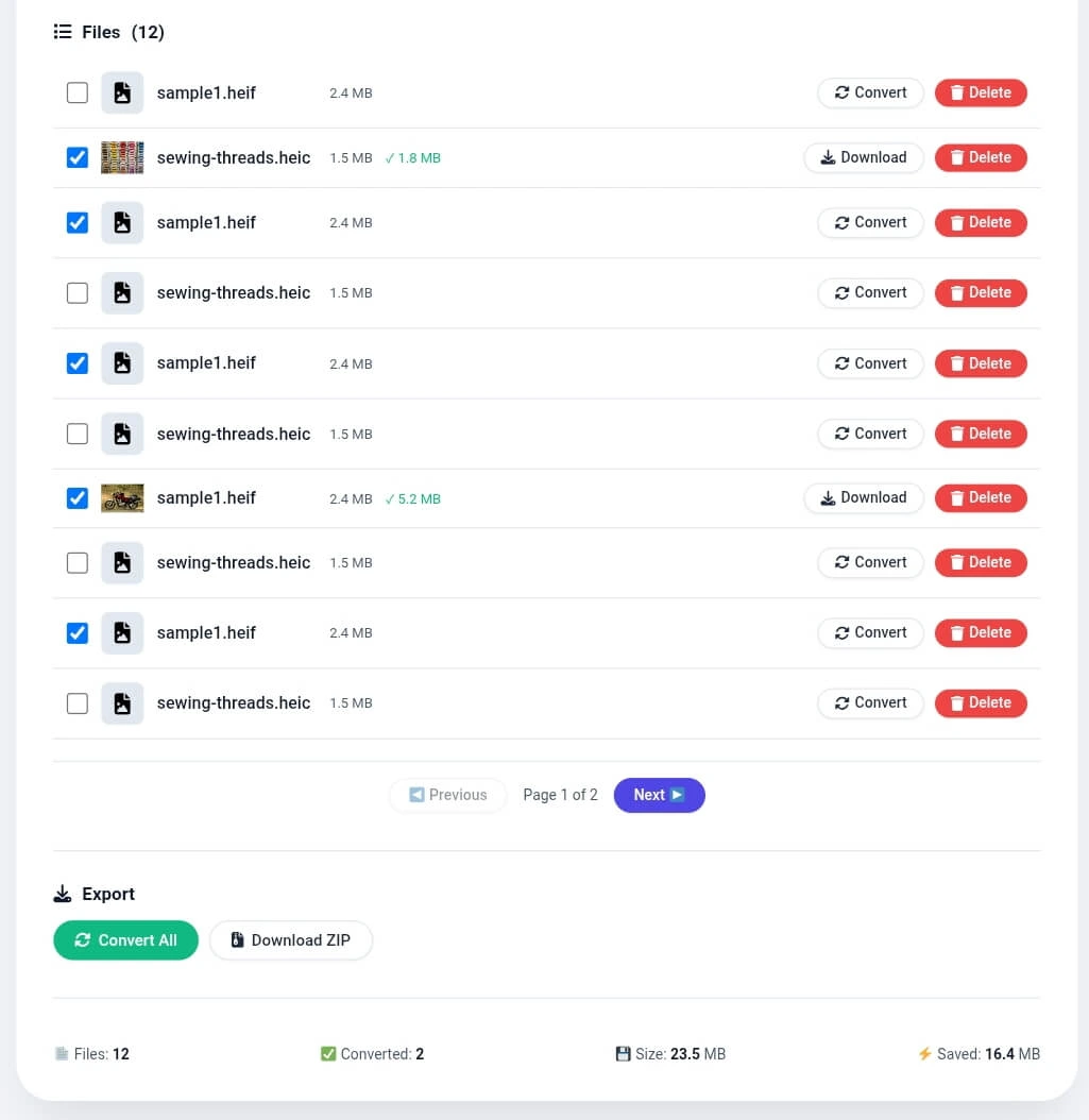 HEIC to JPG converter showing file list with converted images, progress bars, download buttons, select/deselect controls, and statistics panel