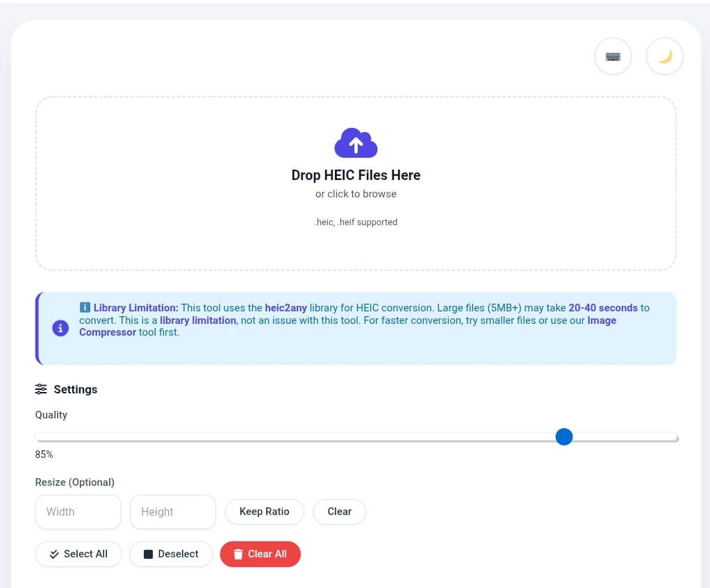 HEIC to JPG converter main dashboard showing upload area with drop zone, library limitation info box, quality slider at 85%, and resize width height options