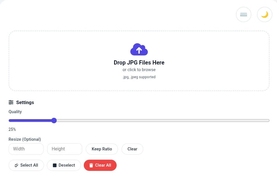 JPG to PNG converter main dashboard showing upload area with drop zone, quality slider at 85%, and resize width height options