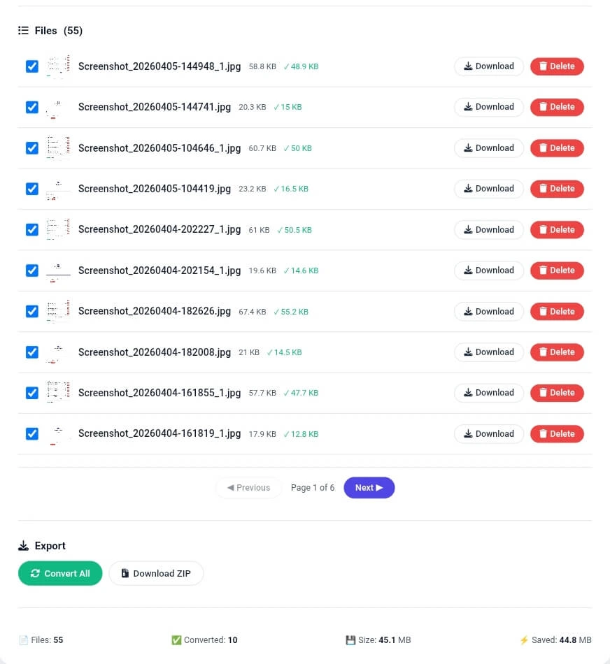 JPG to WEBP converter showing file list with 55 files, converted images showing original and converted sizes (58.8 KB to 48.9 KB), download and delete buttons, and statistics showing 45.1 MB total size and 44.8 MB saved