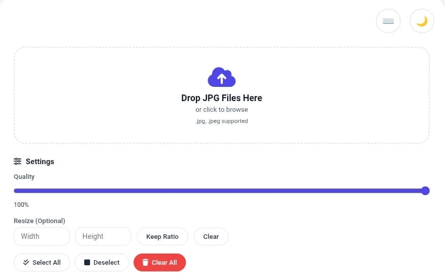 JPG to WEBP converter main dashboard showing upload area with drop zone, quality slider at 85%, and resize width height options