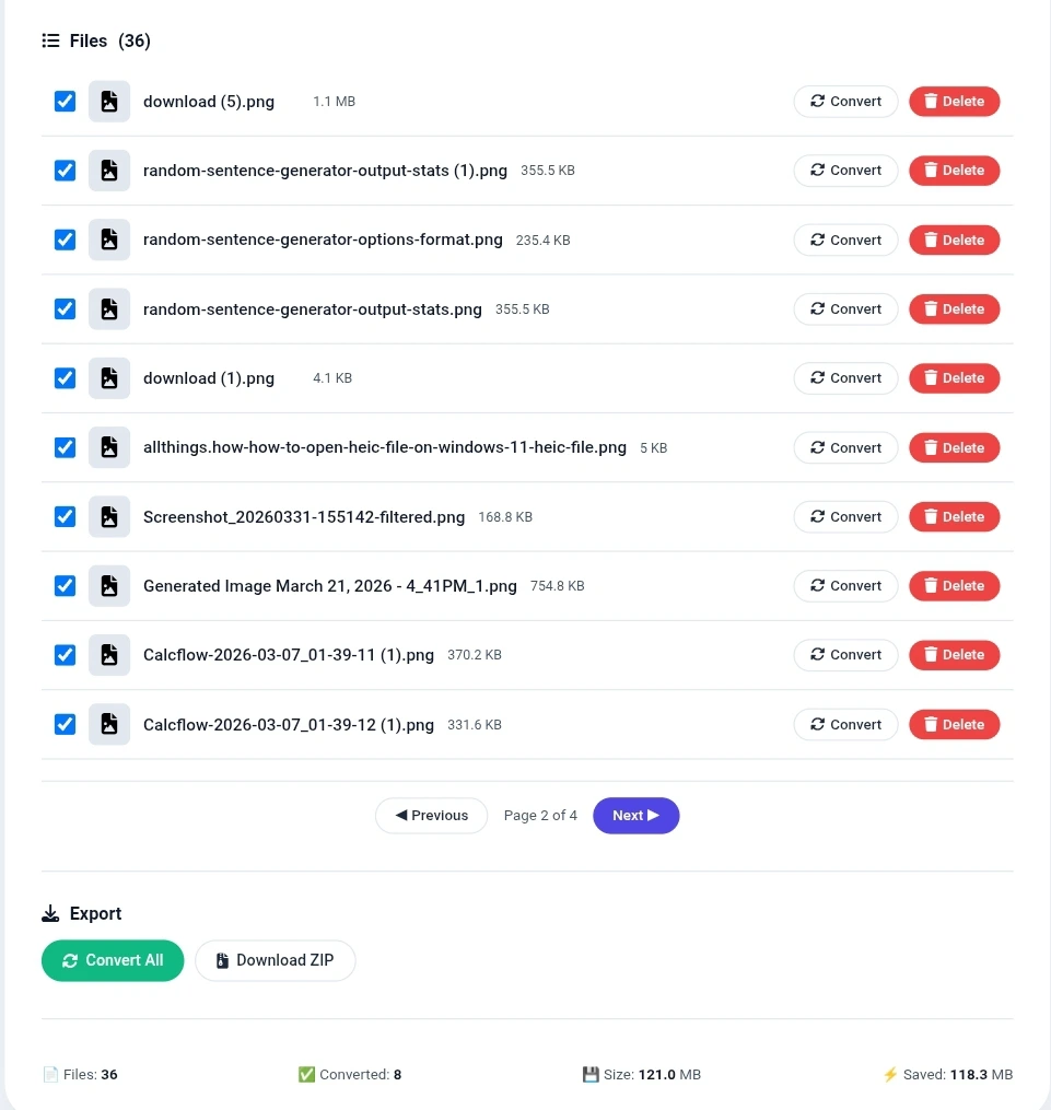 PNG to JPG converter showing file list with 36 files, converted images, progress bars, download buttons, select/deselect controls, pagination, and statistics showing 121 MB size and 118.3 MB saved