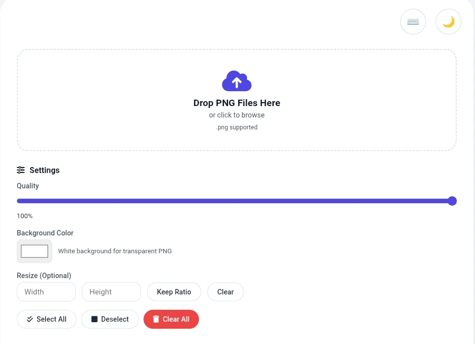 PNG to JPG converter main dashboard showing upload area with drop zone, quality slider at 85%, background color picker with white selected, and resize width height options