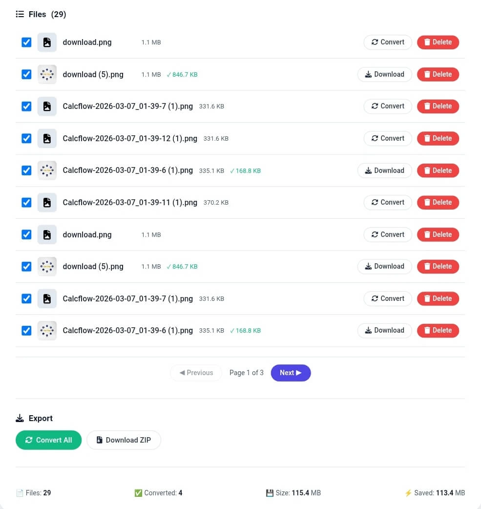 PNG to WEBP converter showing file list with converted images, progress bars, download buttons, select/deselect controls, and statistics panel