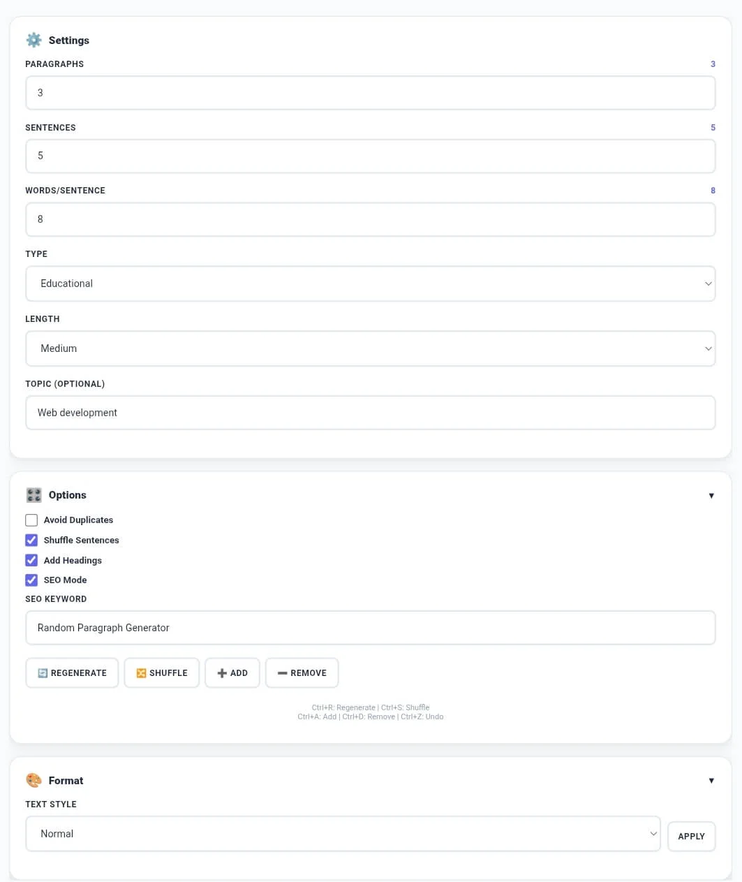 Random Paragraph Generator tool showing settings panel and generated output with statistics