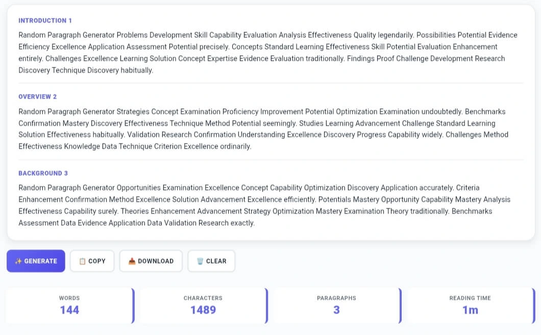 Random Paragraph Generator output showing 3 generated paragraphs with Introduction, Overview, Background headings, word count 144, characters 1489, reading time 1 minute