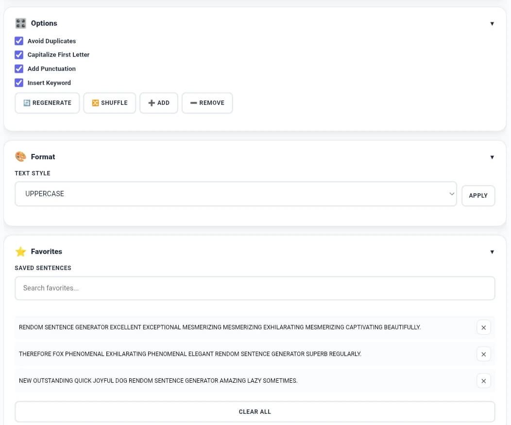 Random sentence generator options panel showing avoid duplicates, capitalize first letter, add punctuation, insert keyword checkboxes