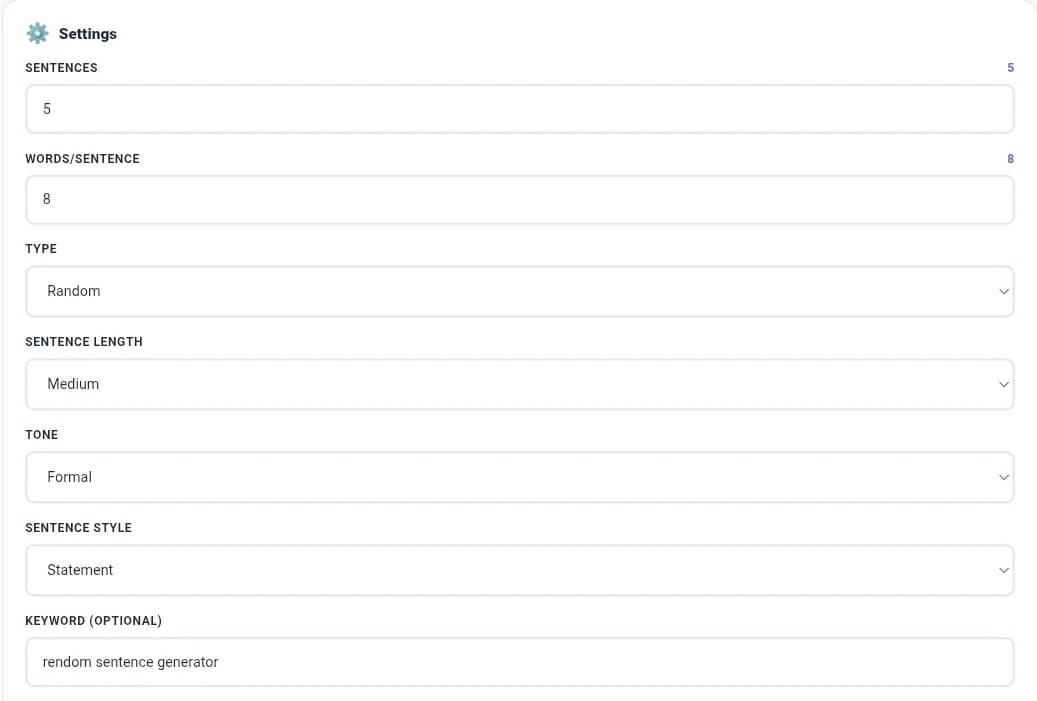 Random sentence generator dashboard showing settings panel with sentences count 5, words per sentence 8, type Random, sentence length Medium, tone Formal, style Statement, and keyword field