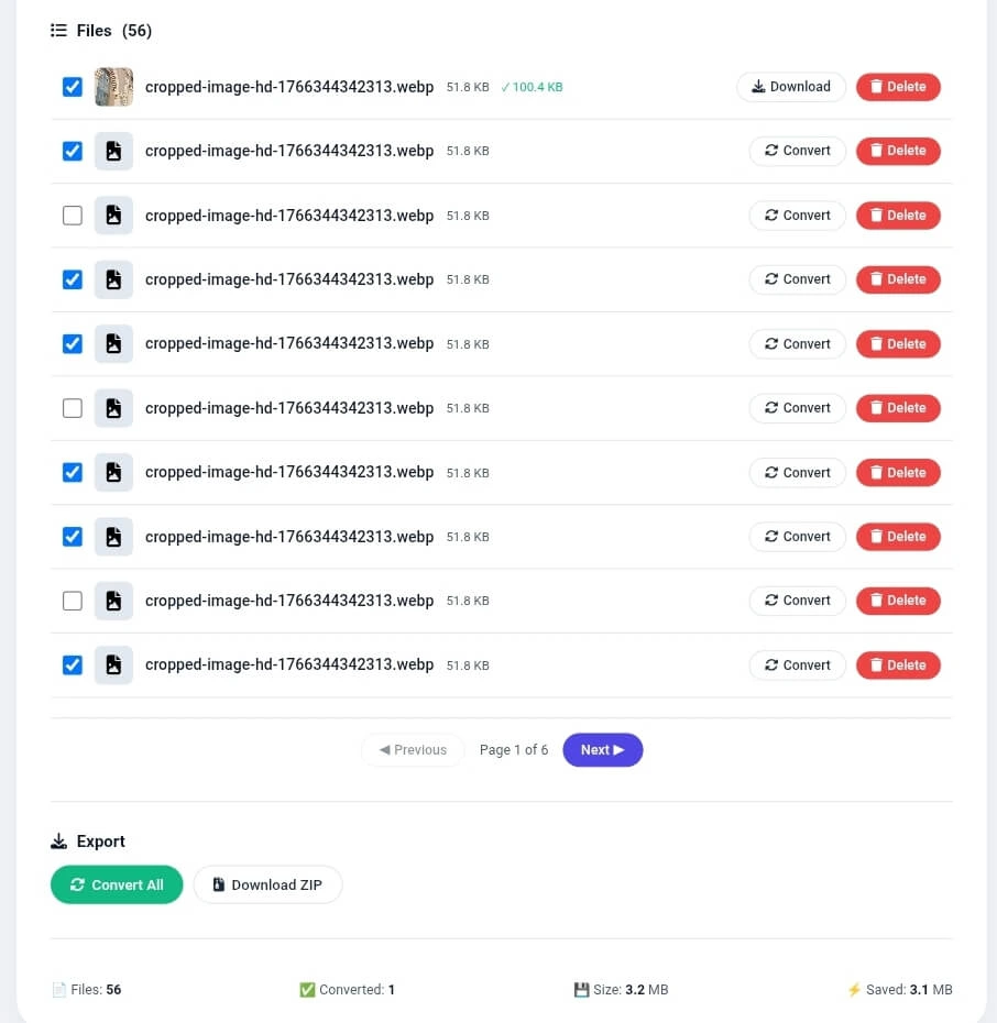 WEBP to JPG converter showing file list with 56 files, converted images, progress bars, download buttons, select/deselect controls, and statistics panel showing files 56, converted 1, size 3.2 MB, saved 3.1 MB
