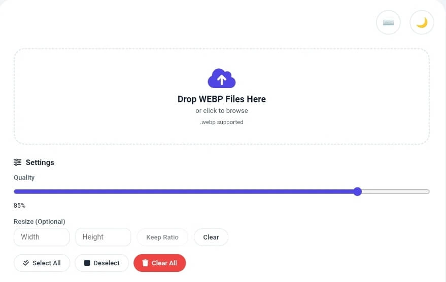 WEBP to JPG converter main dashboard showing upload area with drop zone, quality slider at 85 percent, and resize width height options